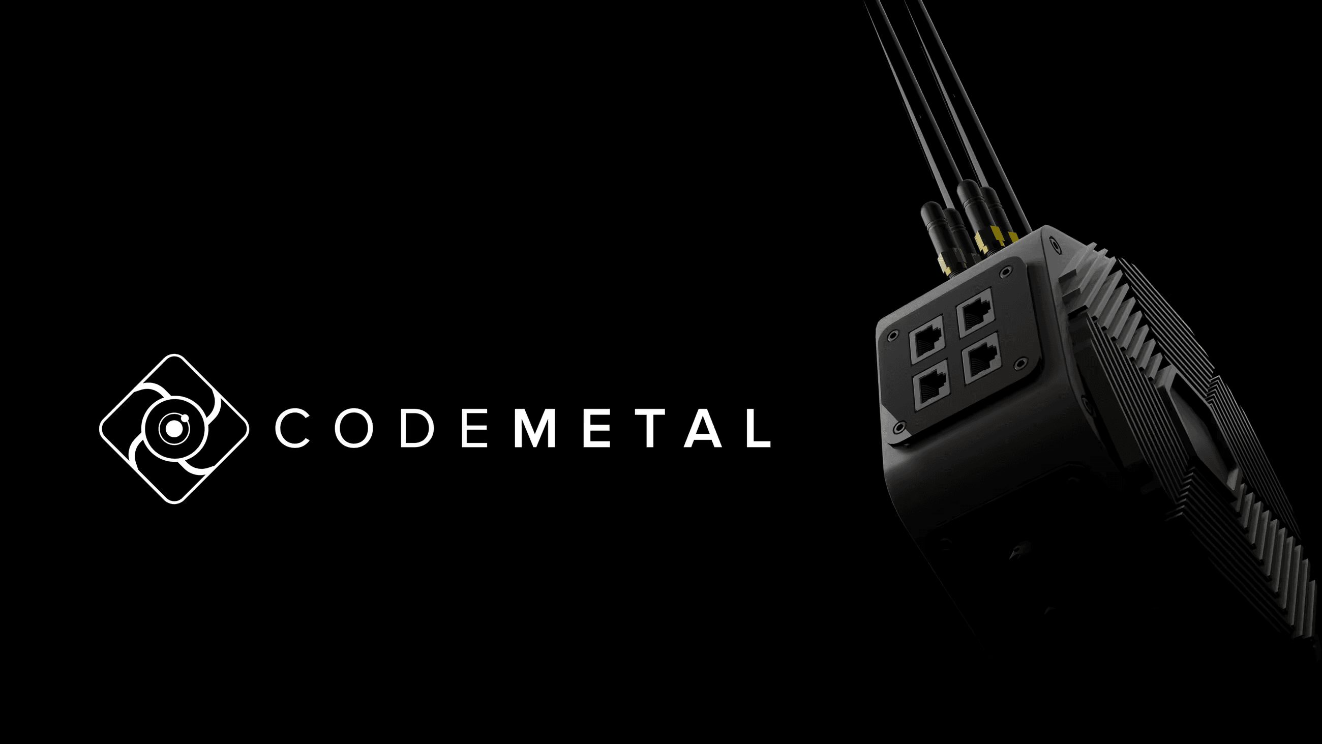 Code Metal wordmark beside a ruggedized compute unit with antennas