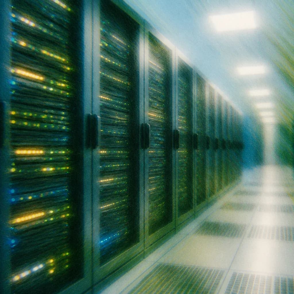 A corridor of server racks in a data centre, lights blurred