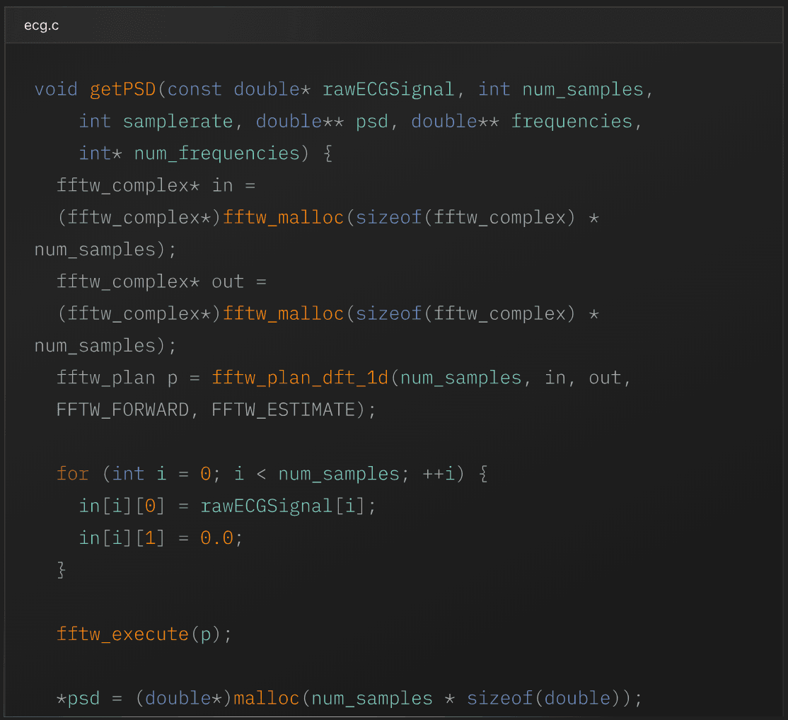 Code editor showing ecg.c, the same ECG power-spectrum function translated to C with FFTW
