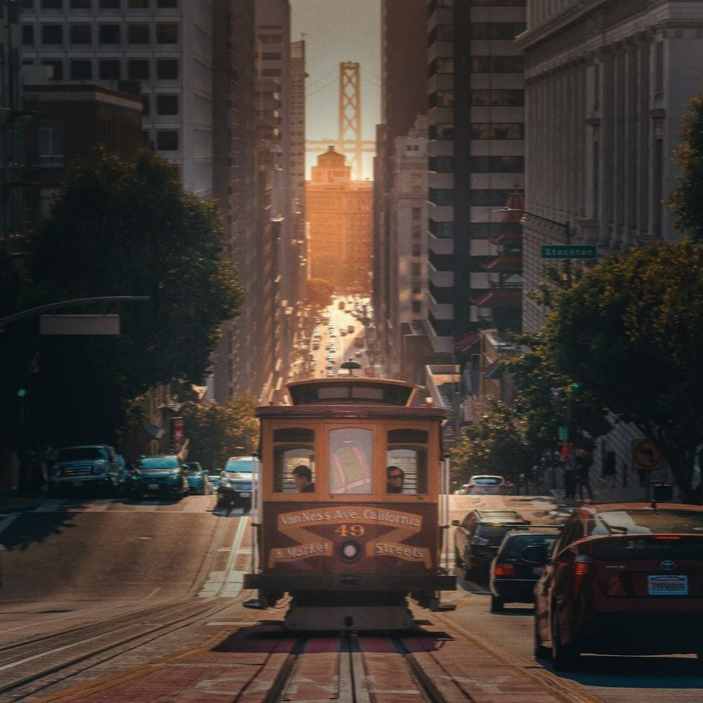 A cable car on California Street, San Francisco